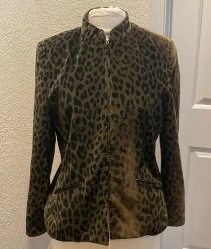 Kasper & Company ASL Leopard Print Velour Zip Up Jacket Sz 10 Cotton