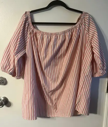 The Loft Plus Size 20 Pink/White Striped Off Shoulder Puff Sleeve Cropped Blouse