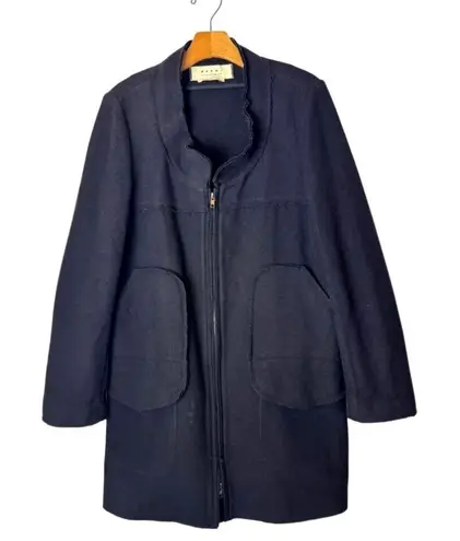 Marni Coat Women 4 Navy Blue Wool Full Zip Patchwork Raw Seams Jacket Outdoor