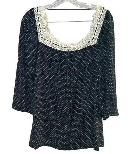 Tart Black White Polka Dot Square Neck Lace Trim Bell Sleeve Top L classic girly Size L