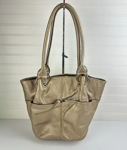 Tignanello Gold Metallic Pebbled Leather Satin Lined Shoulder Tote Bag Pockets