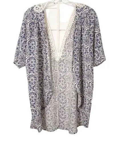 Stitch Fix Women's Geometric Print Open Front Cape Lace Back Kimono Blue White X