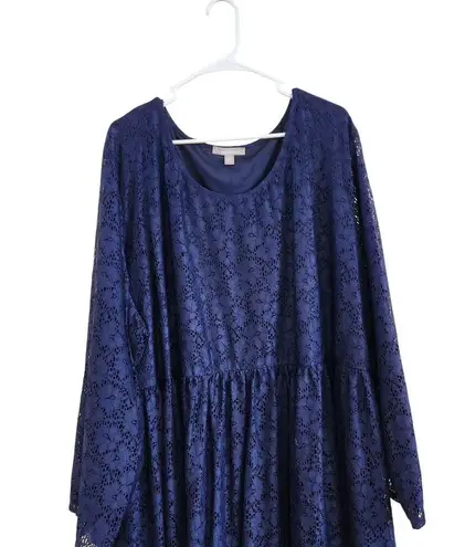 Woman Within Vintage Lace Floral Long Sleeve Maxi A-Line Dress Blue Size 38W