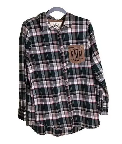 MarleyLilly  Monogrammed Plaid Layering Tunic button up shirt Sz Sm EUC