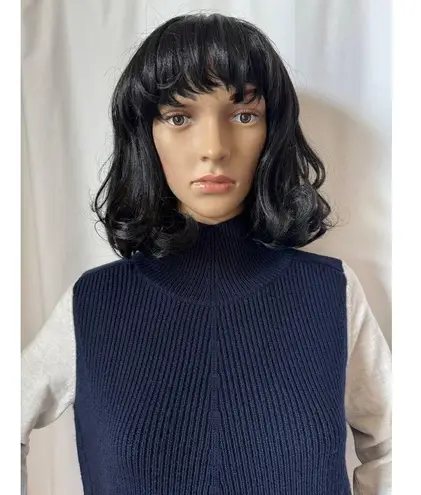 Karen Millen Mock Neck Wool Blend Sweater navy gray sleeves small