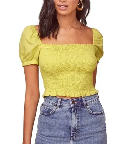 ASTR  The Label Mason Short Puff Sleeve Smocked Yellow Crop Top in Lemon MEDIUM