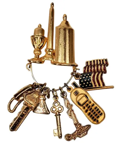 Vtg 3 Candle Dangle Charms Pin Phone American Flag Key Chain 3" Patriotic Retro Gold