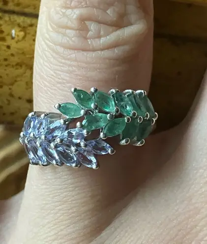Natural Emerald Tanzanite Sterling Silver Marquise Ring Size 7 Purple