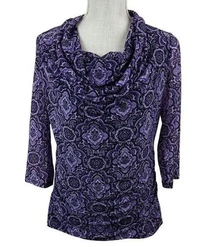 Dana Buchman  Printed Tunic Top Womens S Purple Cowl Neck Blouse Boho Chic Office