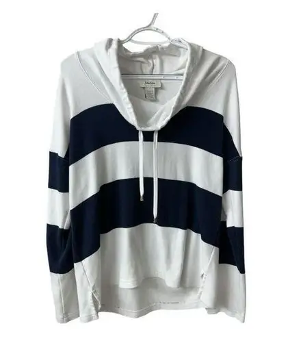 Neiman Marcus  navy blue and white cotton striped cowl neck pull over