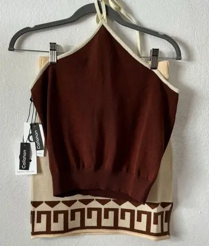 NWT Callahan Knitwear Womens Cream Brown Halterneck Crop Top Skirt Set Size S