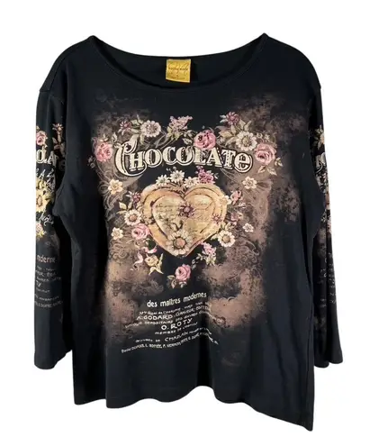 Katina Marie Floral Chocolate Rhinestone Print Long Sleeve Top Womens L USA Made Black Size L