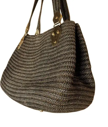 Eric Javits Purse Shenia Squishee Brown Gold Metallic Woven Tote Bag Fall
