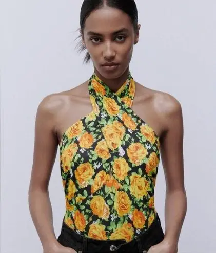 ZARA NWT   Twist Neck Floral Halter Top Bodysuit Small