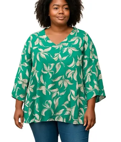 🔵 SALE 3/$25 41 HAWTHORN FLORAL GREEN WHITE VNECK 3/4 BELL SLEEVE BLOUSE TOP 1X