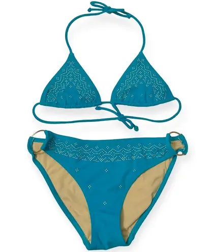 Victoria's Secret  Blue Gold Stud String Tie Bikini Swimsuit Y2K Sexy Size Small 2006 2007 Embellished Adjustable 