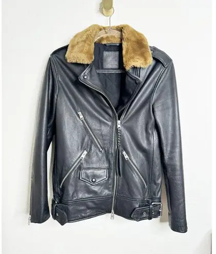 All Saints Sherwood Leather Biker Jacket with Fur Collar in Black Size Small