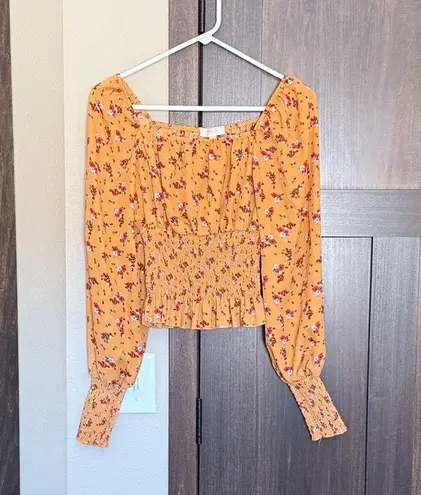 Ultra Flirt Junior's Smocked Waist Boho Peasant Top Yellow Floral Size Small