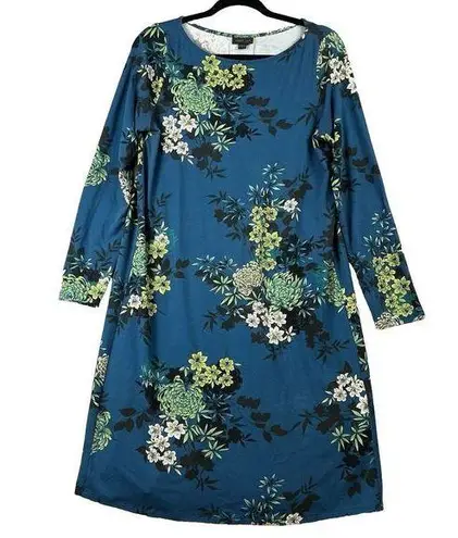 J. Jill Wearever Collection All Over Floral Boat Neck Long Sleeve Sheath Dress S Blue