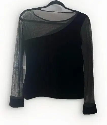 90s 80s Vintage Sheer Mesh Sleeve Velvet Top Blouse Women’s Small Goth Vamp Sexy Black