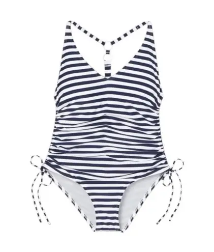 Kona Sol Women's Swim Side-Cinch High Coverage One Piece Swimsuit Navy White XL