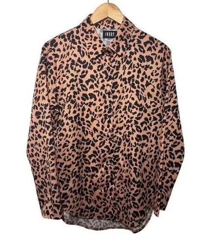 Ivory Top Women Size L Leopard Brown Black Button Up Career Modest Closet Staple Size L