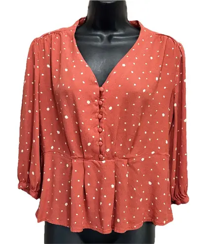Elodie Burnt Orange/White Polkadot 3/4 Sleeve V-Neck Button Blouse Size Large