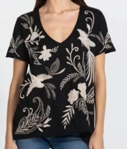 Johnny Was Frankie Everyday Tee Black White Cotton Embroidery V-Neck Size Small