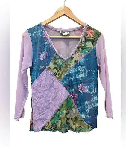 Vtg Y2K Fairycore Top Sequined Beaded Sheer Patchwork Blouse Size Small Purple