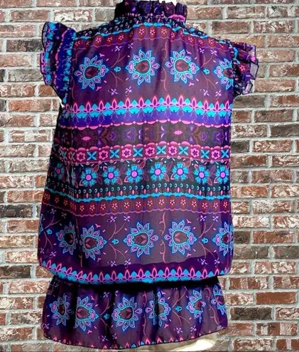 Ali & Kris sheer blue & purple floral, ruffled top / S / Excellent condit…