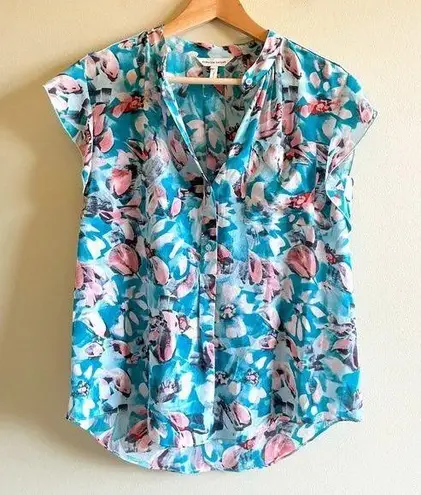 Rebecca Taylor Blue Aloha Teal Pink Floral 100% Silk Top Women Size 4 Cap Sleeve