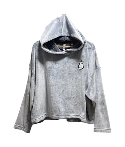 Joyspun Penguin Patch Cropped Teddy Hoodie Gray Size XL Cozy Winter Soft Casual