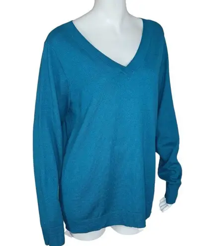 Denim & Co . Crossover V-Neck Long Sleeve Pullover Sweater Spruce BlueGreen Large