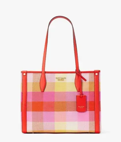 Kate Spade Market Madras Woven Fabric Tote Plaid Orange Pink Vacation Beach