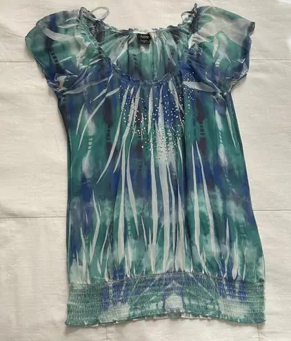Y2K blue green tie dye sublimation print semi sheer bubble hem top rhinestones Size M