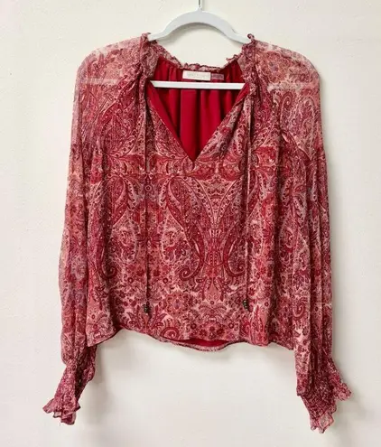 Ramy Brook Luanne Paisley Print Long Sleeve Silk Blouse Cherry Red Women's XS