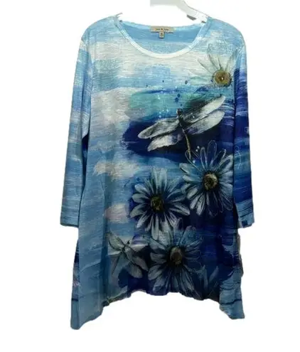 Jess & Jane Lightweight Blue Floral and Dragonfly Tunic Size Medium