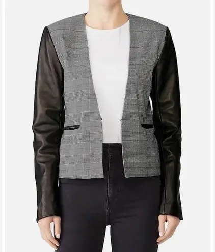 VEDA Smoke Leather Long Sleeve Blazer Jacket Plaid Black & Grey Stripe sz Medium