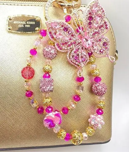 Handmade đź©·Luxury Bag/Phone Chain Charm/Keychain Pink Rhinestone Butterfly Crystal Beads