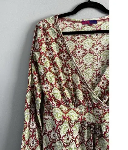 Nila Rubia Pink Green Paisley Hand Block Print Faux Wrap Long Sleeve Dress Large