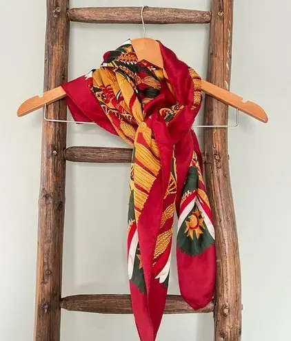 Scarf Square Tassels Medallion Print Burgundy Gold Red