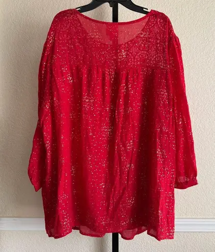 Plus Size 3X Red Metallic Blouse Crochet Yoke Long Sleeve Sparkle Evening Top