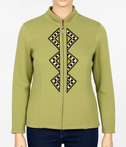 Bob Mackie Wearable Art Cardigan Womens M Green Zip Front Geometric Embroidery