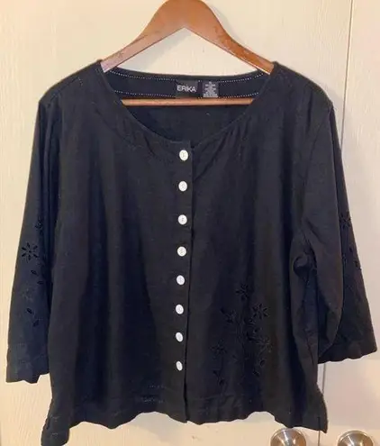Erika Vintage Linen Blend, 3/4 Sleeve Eyelet Button-up Shirt in Black - size XL