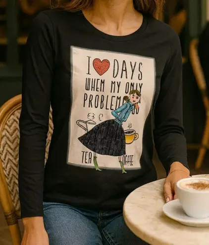 Love moschino Women’s Tea and Coffee Black Long Sleeve Graphic Top Size 4