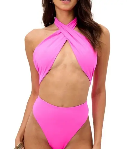 frankie's bikinis Dorothy hot pink cross chest wrap one piece bikini L