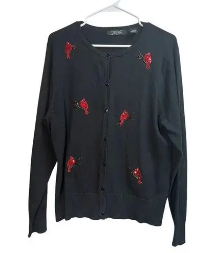 Crystal Kobe Black Cardigan Sweater Red Sequin Cardinals Button Front XL