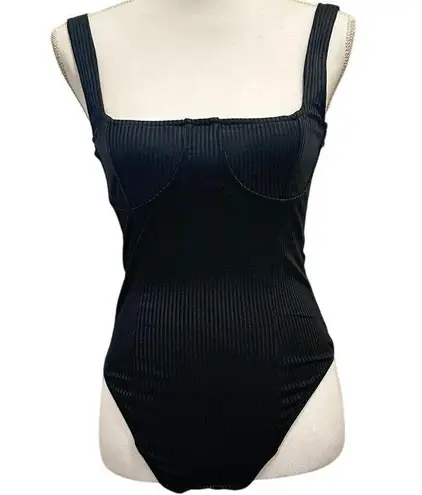 Capulet Black Ribbed Square Neck Bustier Sleeveless Thong Bodysuit Going Out Top