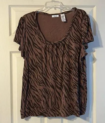 Liz & Co Brown Zebra Tiger Print Short Sleeve Shirt 3X