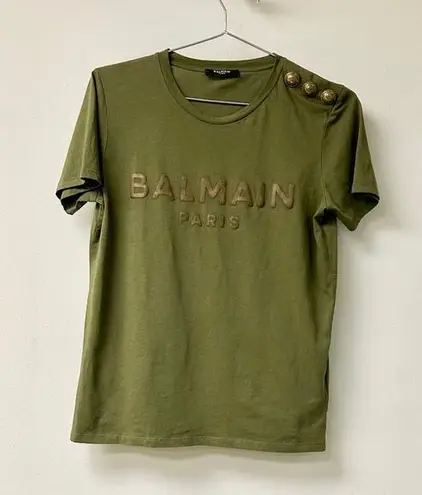Balmain Logo Short Sleeve T-Shirt With Gold Button Olive Women's Size XS